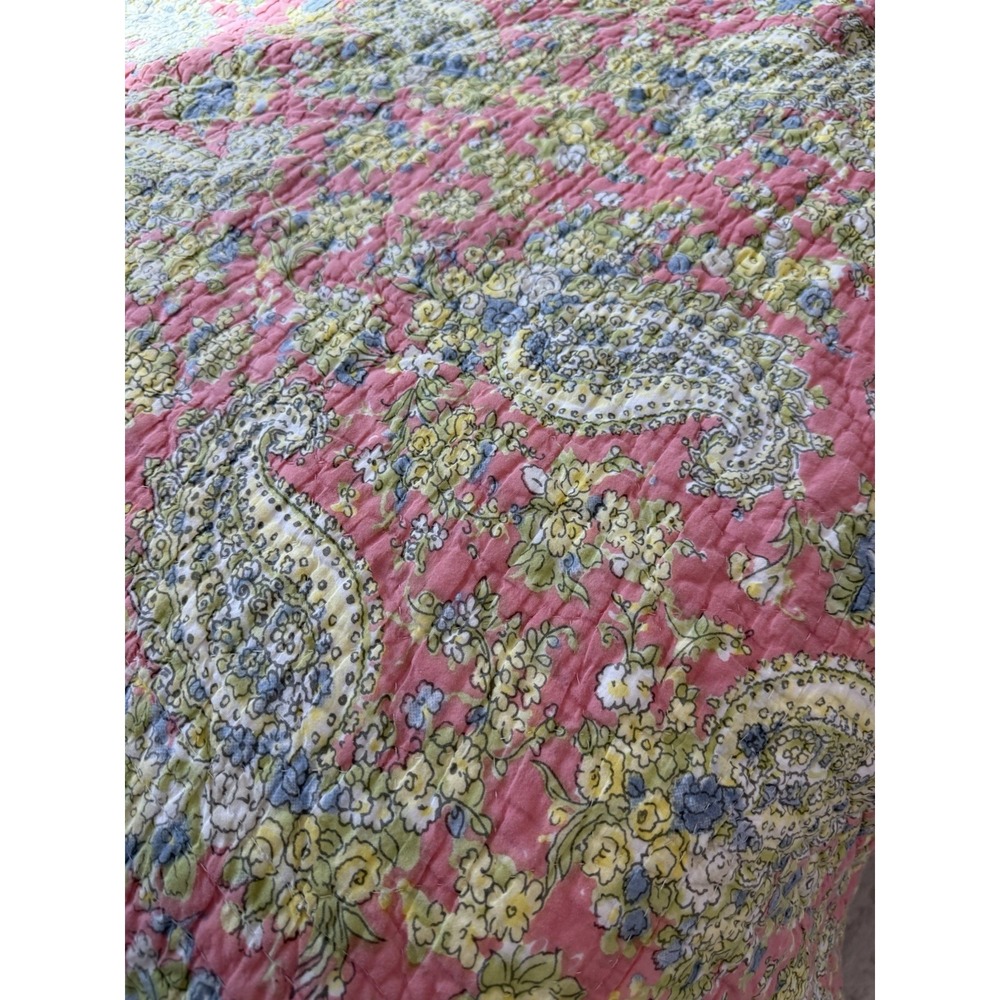Pottery Barn Queen Quilt & Sham Pic Stitch Blue Pink Floral Paisley Reversible